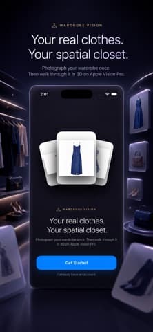 Wardrobe Vision's spatial closet on Apple Vision Pro, showing garments arranged on a wall of shelves