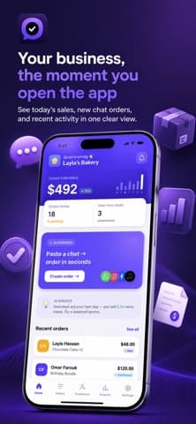 Ordava's dashboard on an iPhone, showing today's sales of 492 dollars, 18 orders and a panel offering to turn a pasted chat into an order
