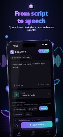 SpeakFile's script editor on an iPhone, with a word allowance counter, a UK male voice selected and a row of narration modes