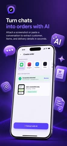Ordava's create-order screen with source chips for WhatsApp, Instagram, Facebook and TikTok, an attached chat screenshot and an Extract with AI button