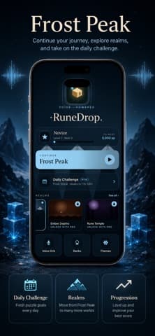 RuneDrop's home screen on an iPhone, showing a rank of Novice, a Frost Peak realm to continue and a daily challenge counting down