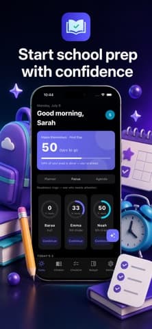 SchoolReady AI's home screen on an iPhone, counting down 50 days to the first day of school with readiness percentages for three children