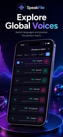 SpeakFile's language picker listing English, Spanish, French, German, Italian, Portuguese and Arabic, each marked free