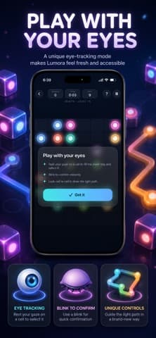 Lumora's eye-tracking tutorial on an iPhone, explaining that resting your gaze on a cell selects it and a blink confirms