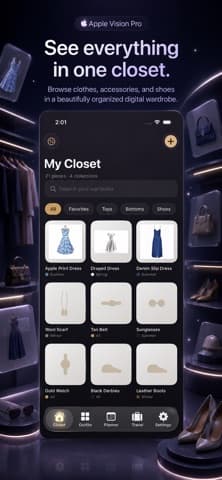 Wardrobe Vision's closet grid on an iPhone, showing nine garments cut out on plain backgrounds with season labels