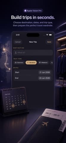 Wardrobe Vision's trip planner, with a destination field, trip-type chips for business, vacation and weekend, and June dates selected